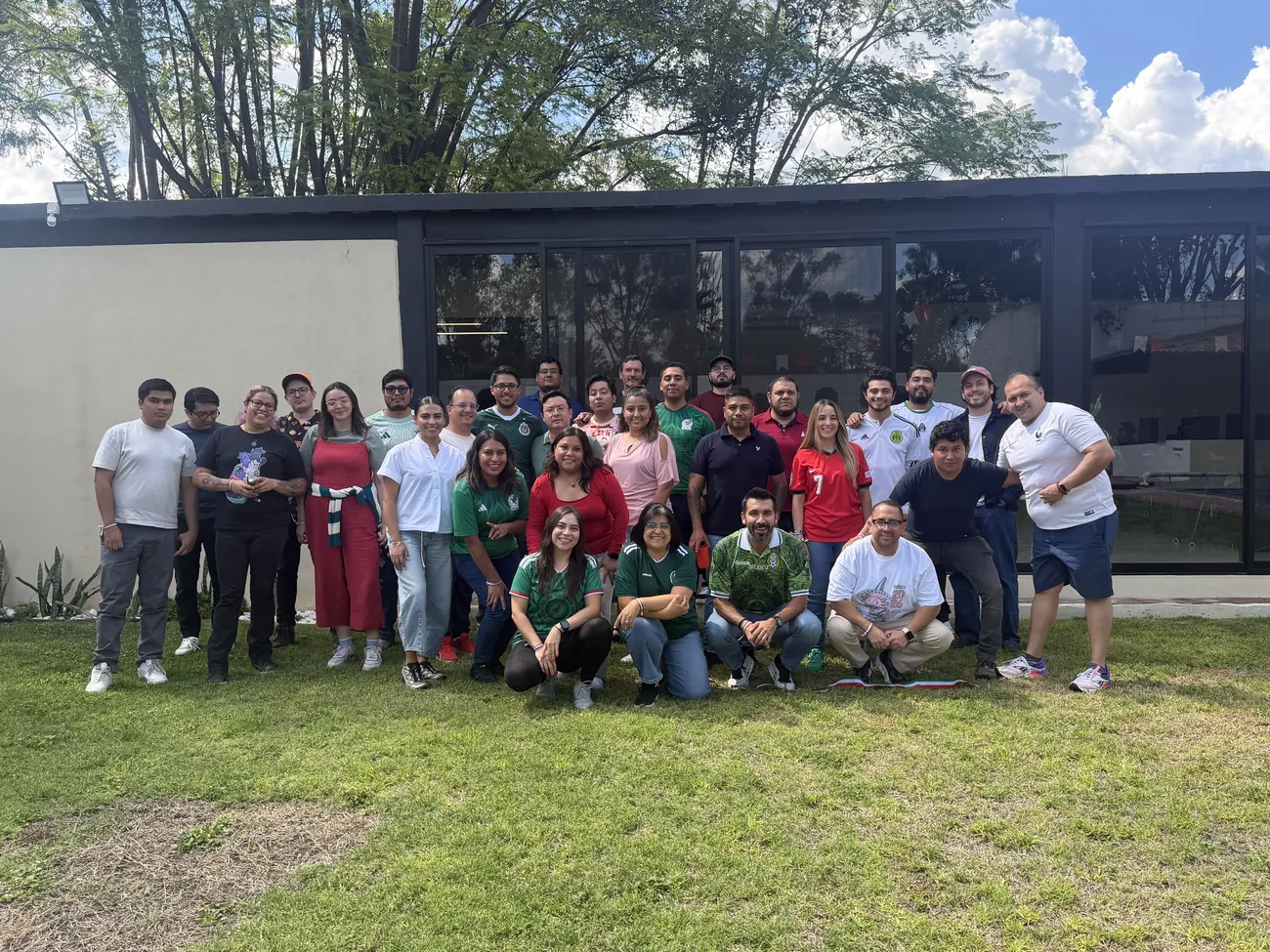 The whole team together at a company offsite