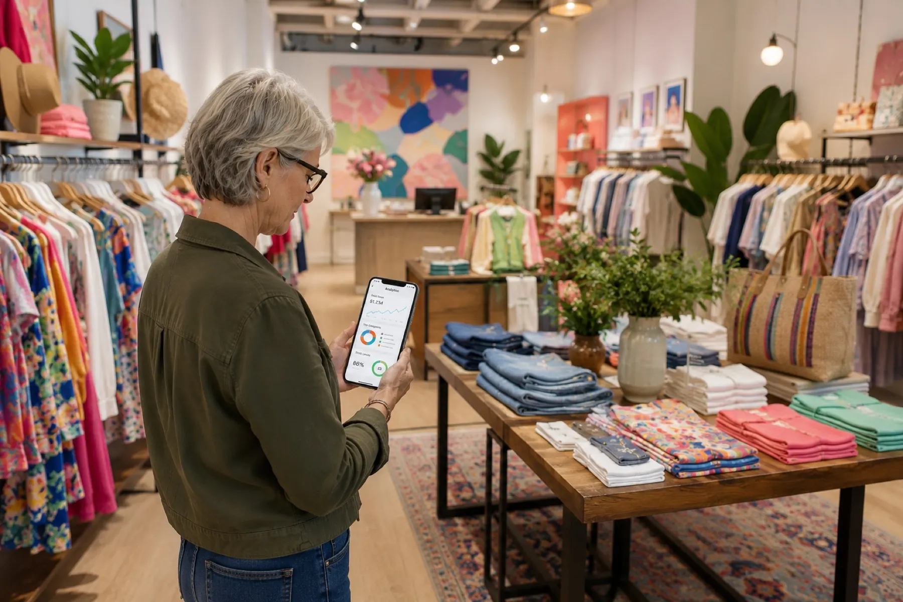 A boutique owner checking live store analytics on her phone on the sales floor