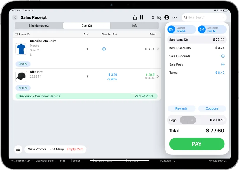 Teamwork POS on iPad, sales receipt with cart and one-tap pay
