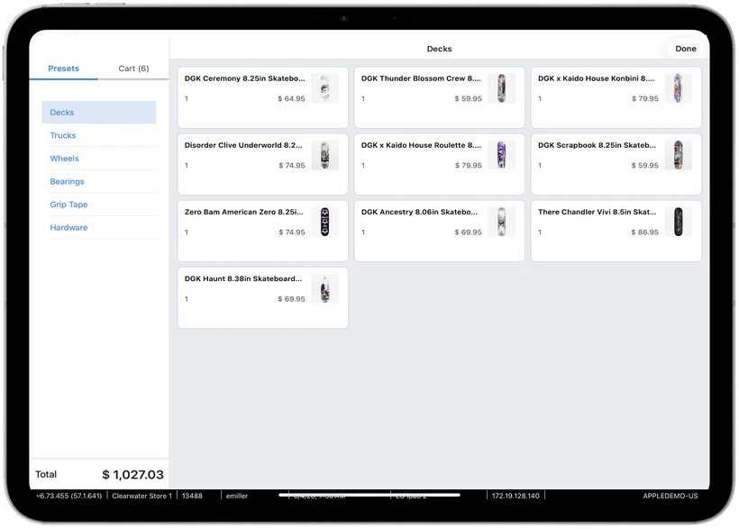 Teamwork POS on iPad, preset product buttons with cart and running total