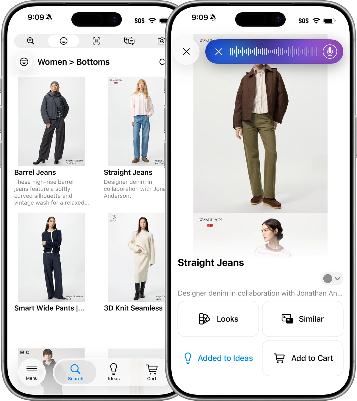 AI on two mobile devices, AI-powered product browsing and product detail with voice search