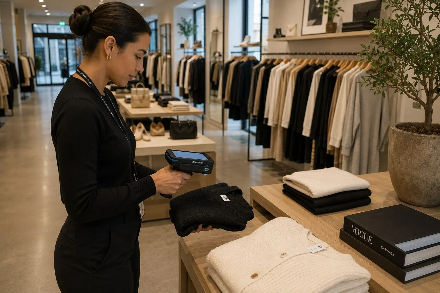 Un vendedor contando ropa con un lector RFID de mano en el piso de venta