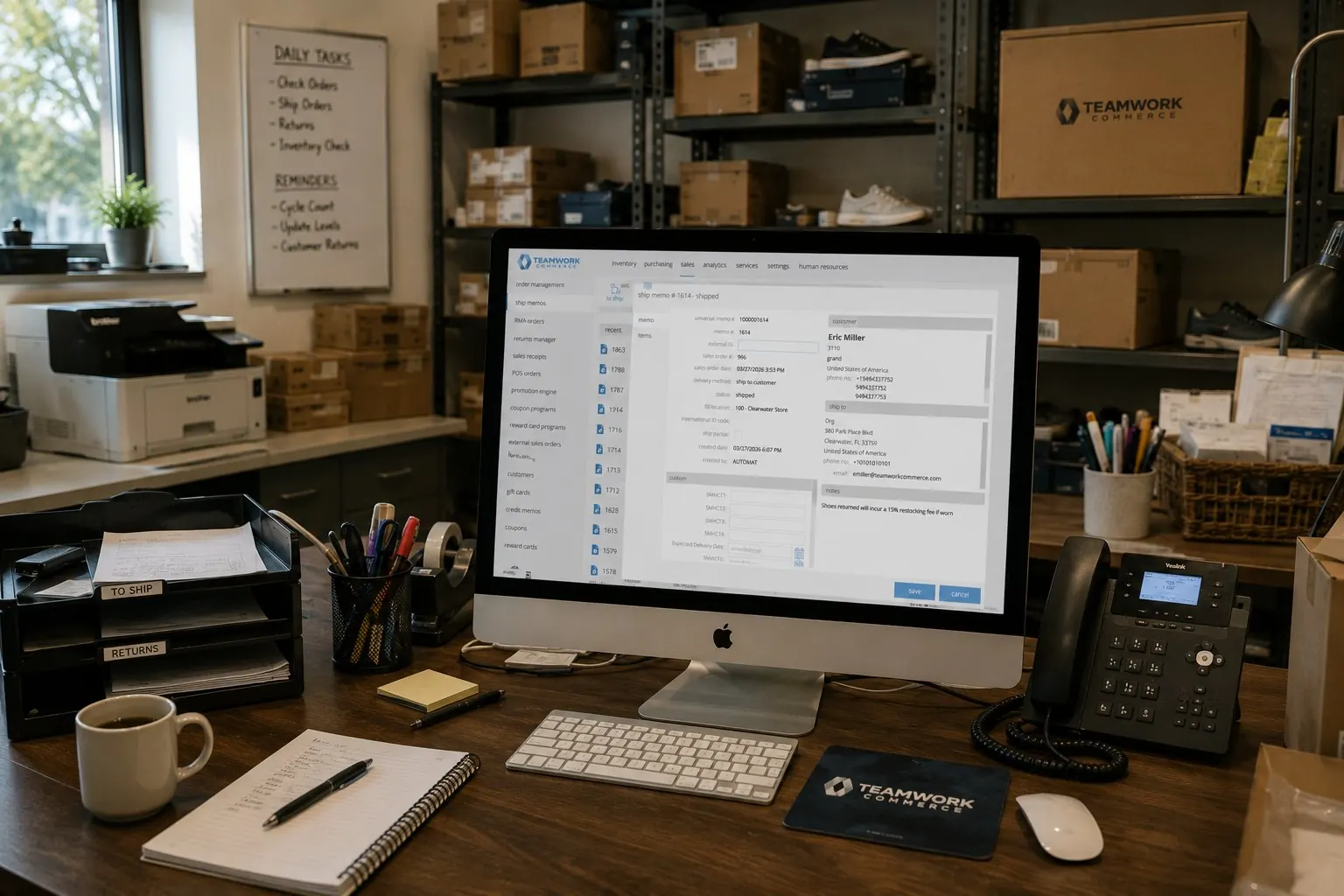 Teamwork Commerce OMS on a desktop in a store back office, a live ship memo open in the order management screen, surrounded by boxes staged to ship