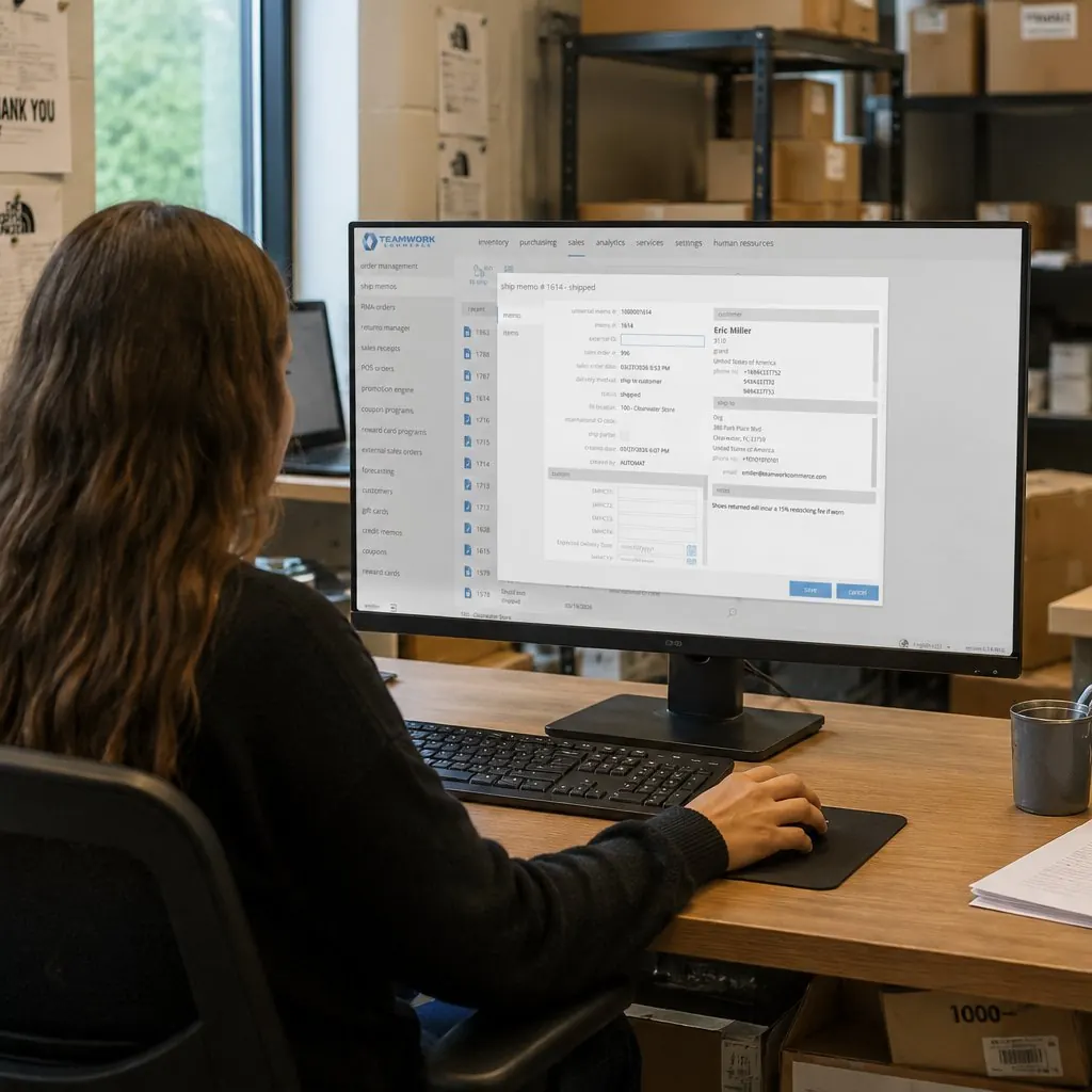 A back office running Teamwork order management, ship memo on screen and packed orders on the shelves