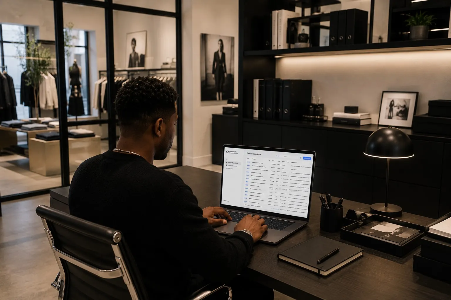 Un comprador administrando el catálogo de productos en una laptop en la oficina
