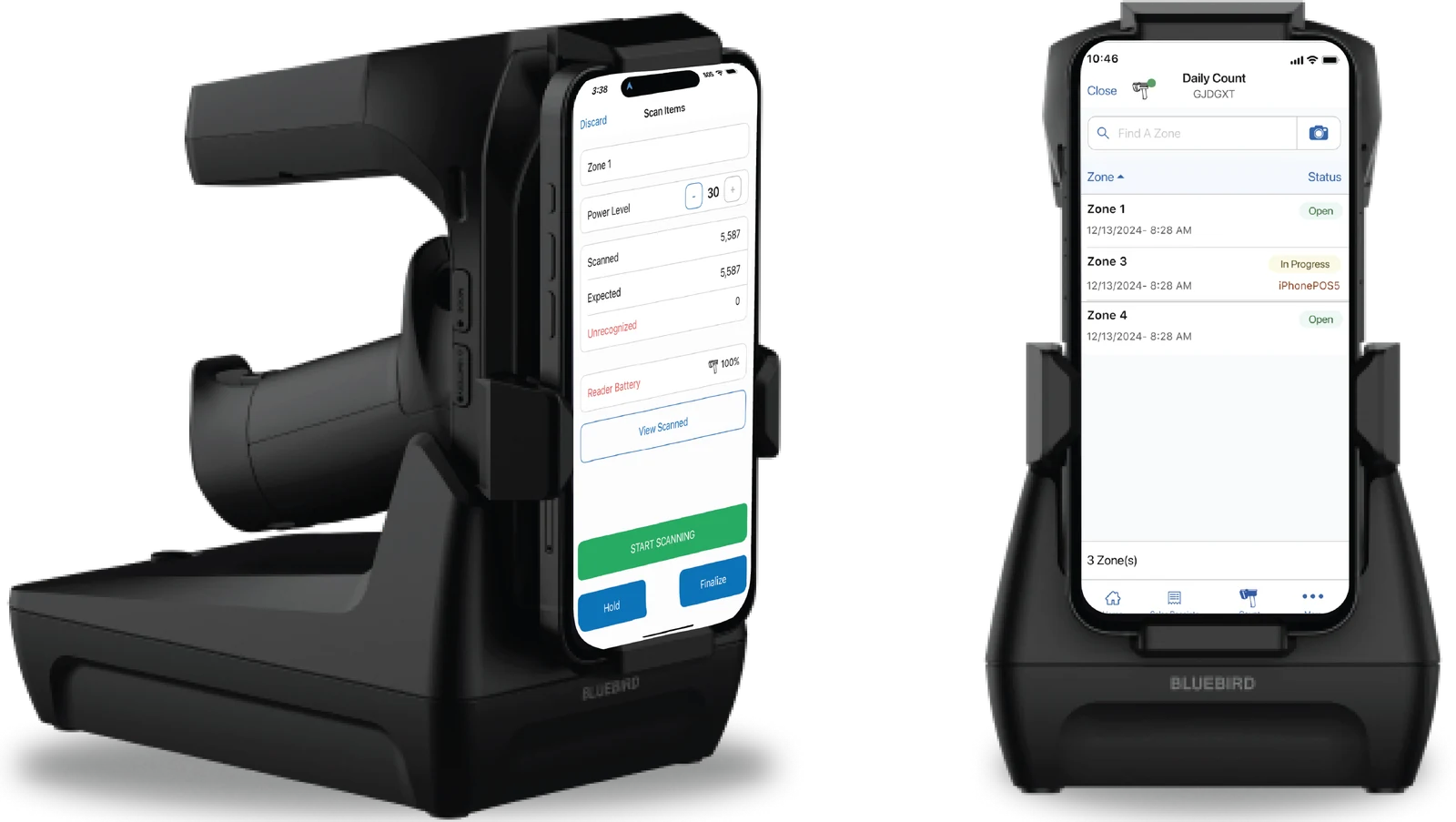 Bluebird RFID sled readers with iPhones running the Teamwork Commerce RFID app