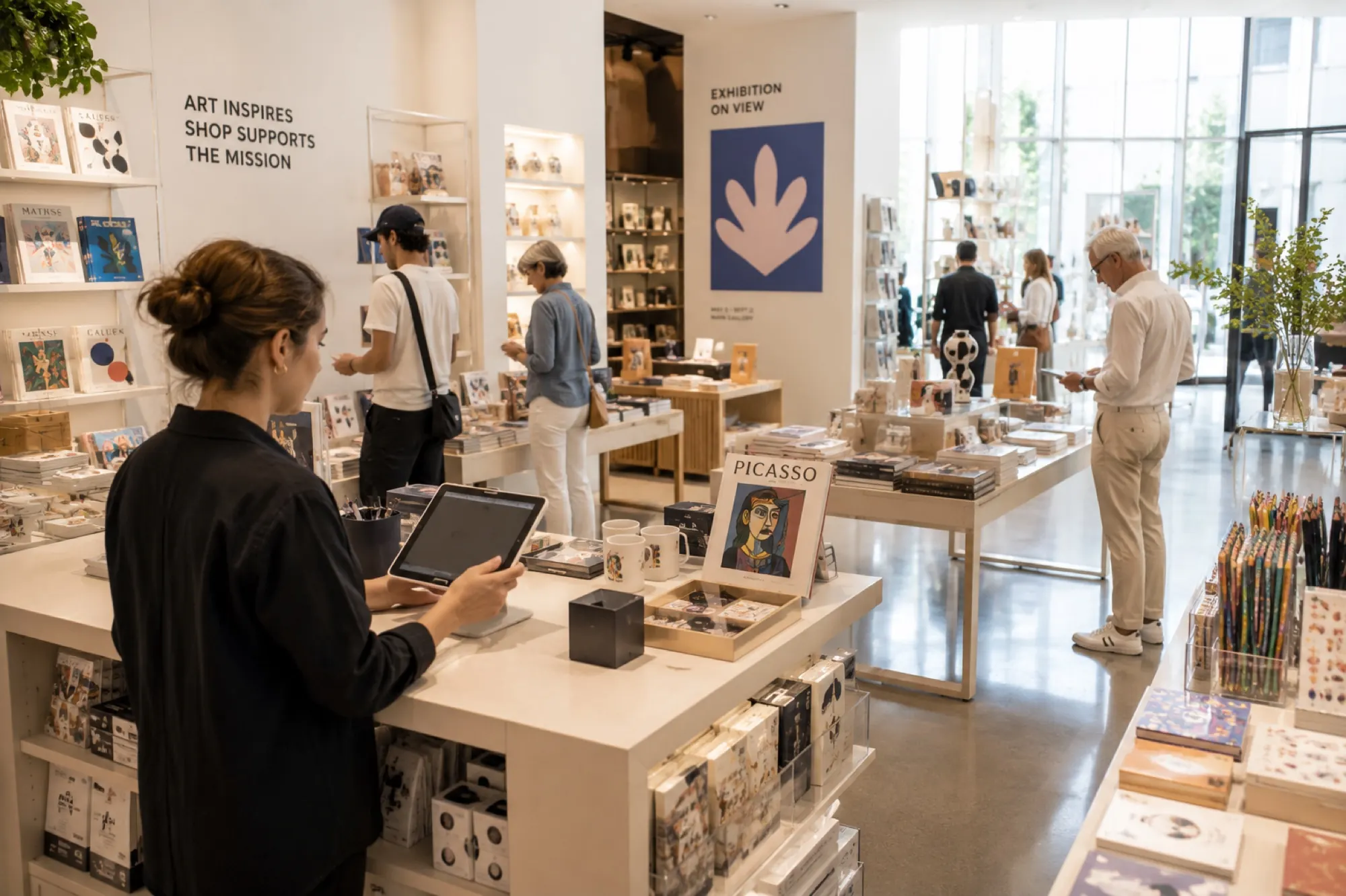 Visitantes en la tienda y el mostrador de admisión de un museo