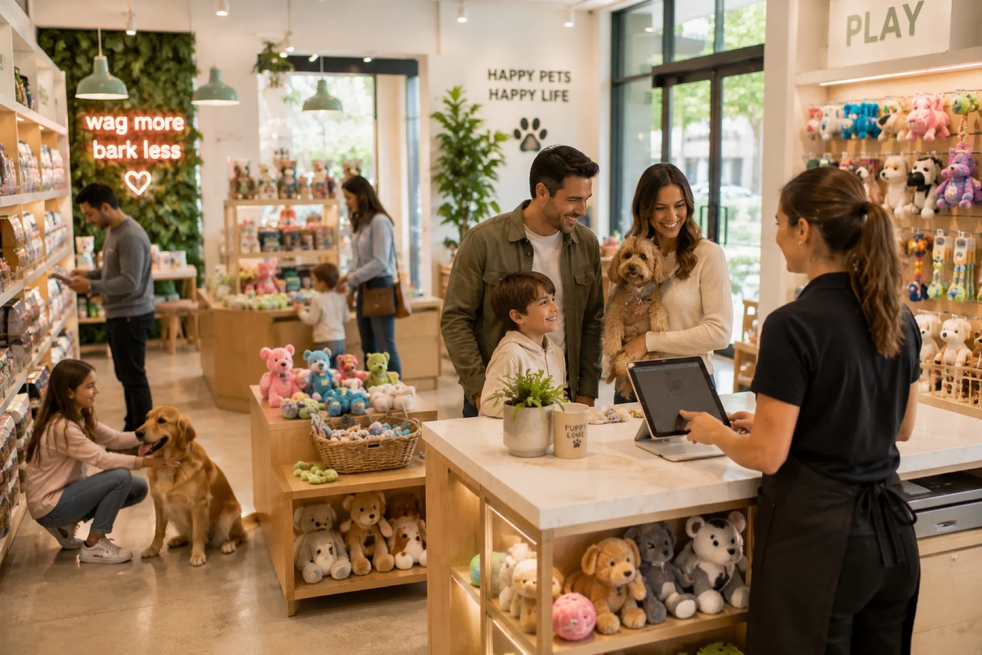 Un vendedor de tienda de mascotas ayudando a una clienta en el cobro