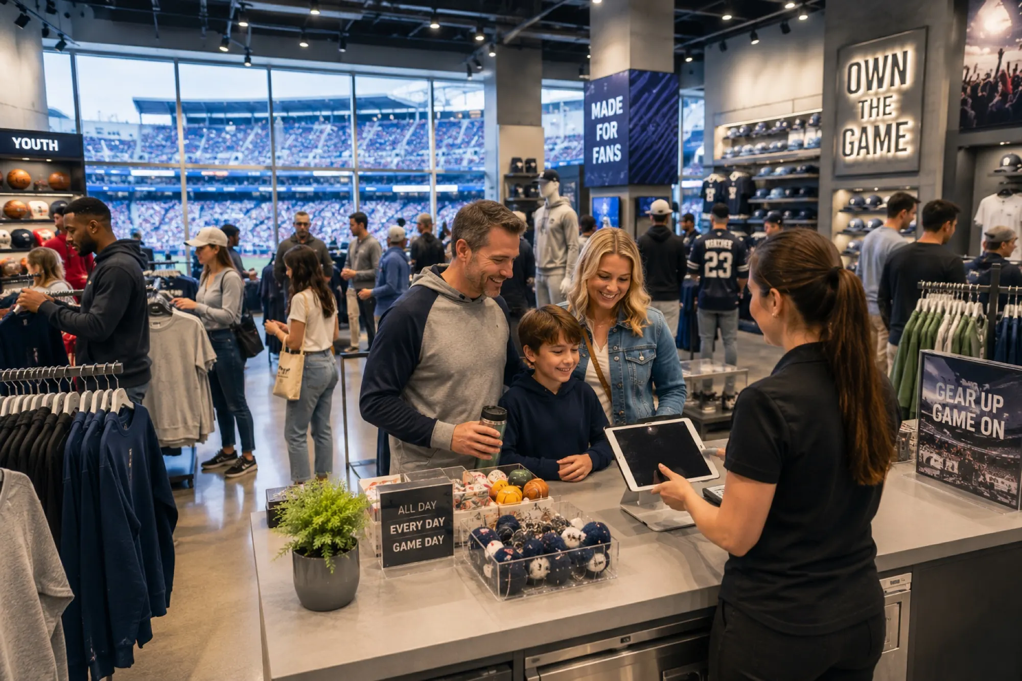 Aficionados comprando mercancía del equipo en la tienda de un estadio el día del partido
