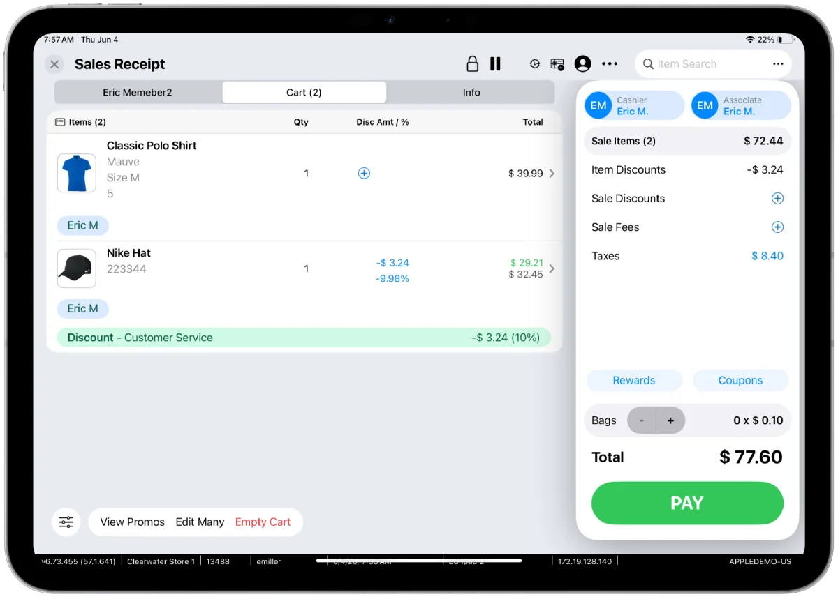 Teamwork Commerce POS on iPad, a sales receipt with two items, discounts applied and a one-tap pay button