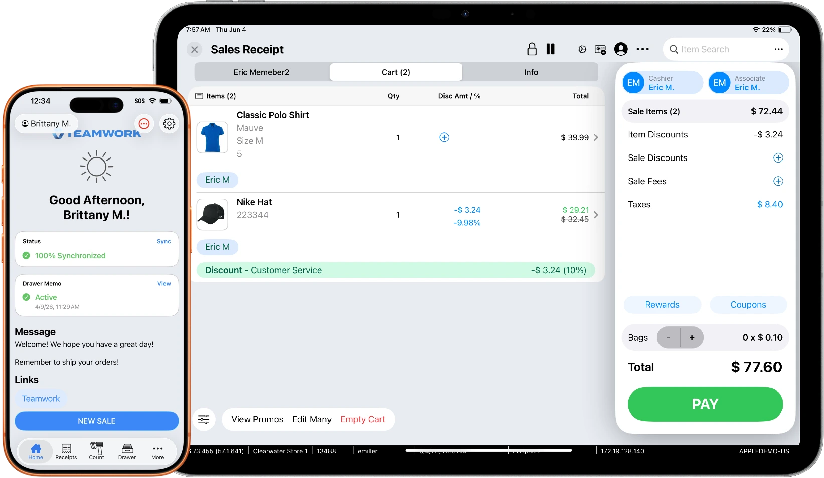 POS de Teamwork en iPhone y iPad: el inicio del vendedor y un recibo de venta con artículos en el carrito y pago con un toque