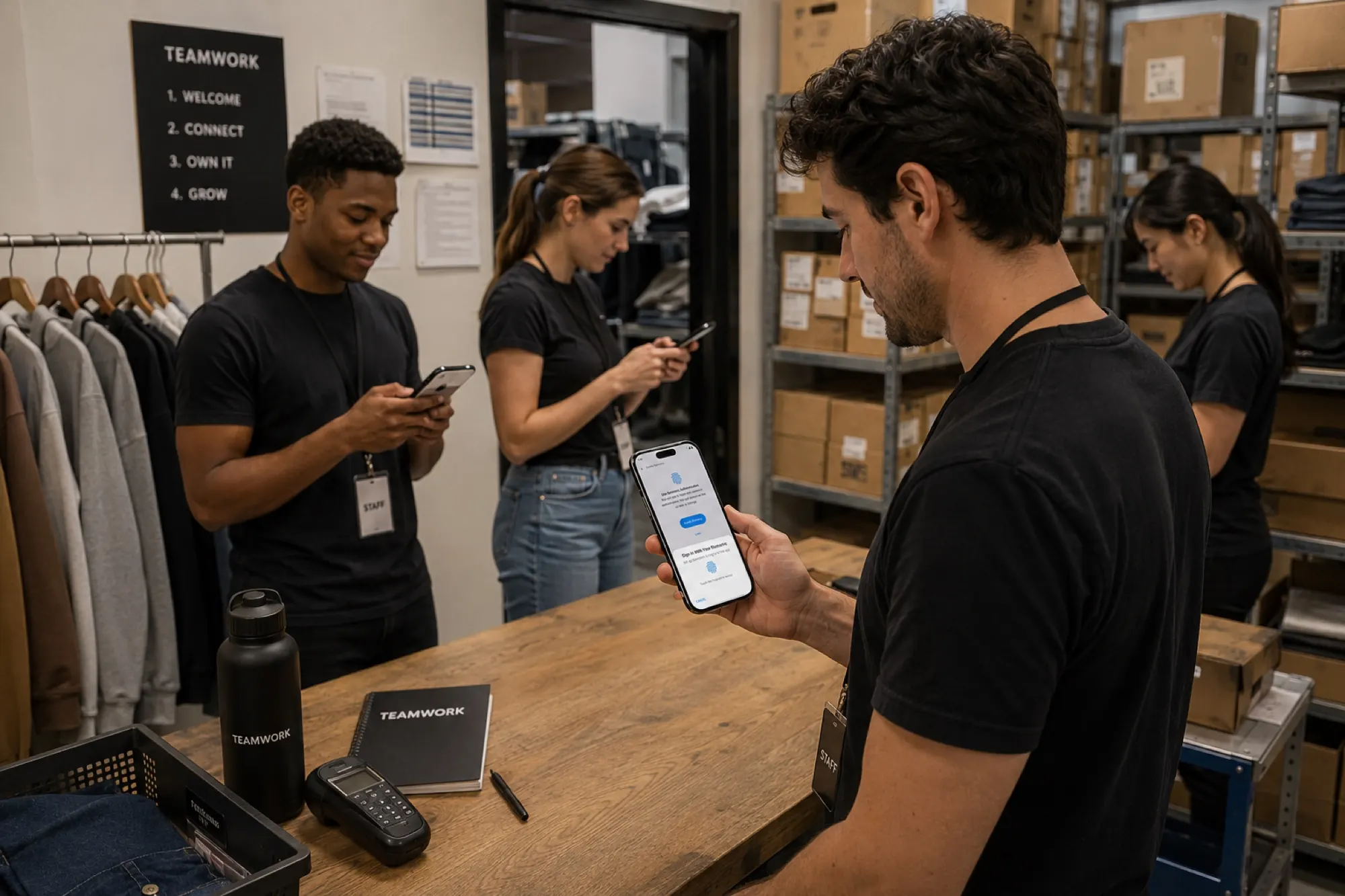 Un equipo de tienda iniciando sesión en sus teléfonos en la bodega